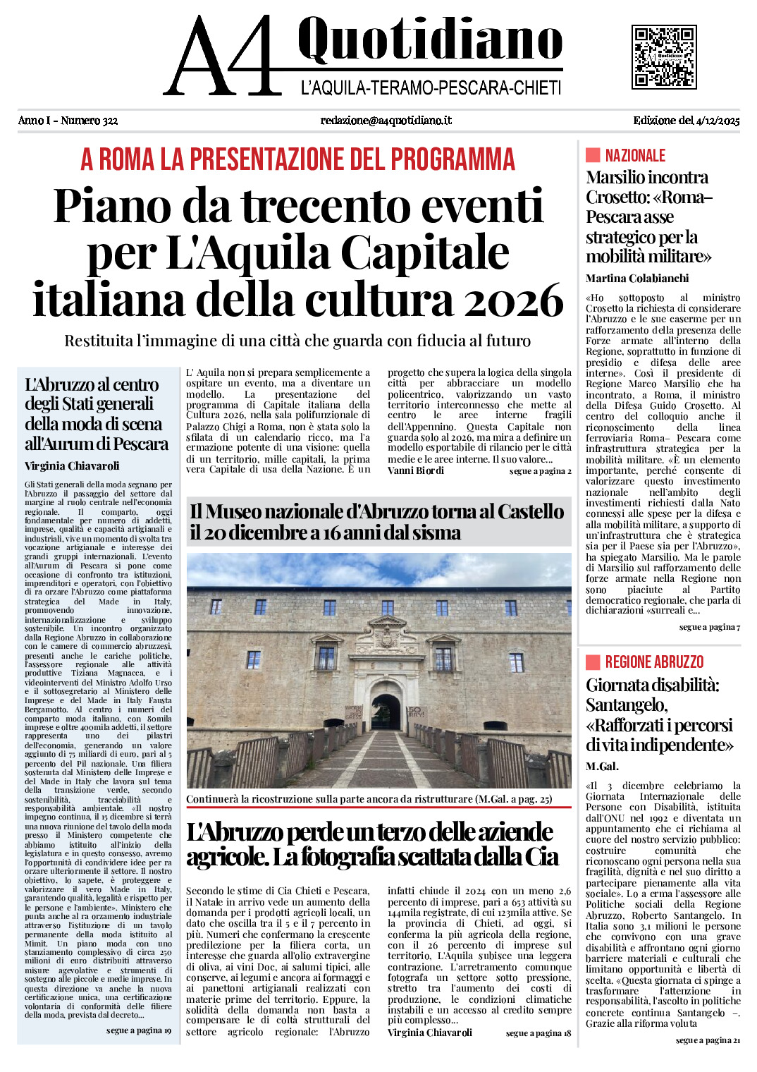ANNO I - NUMERO 322 - Edizione del 4/12/2025