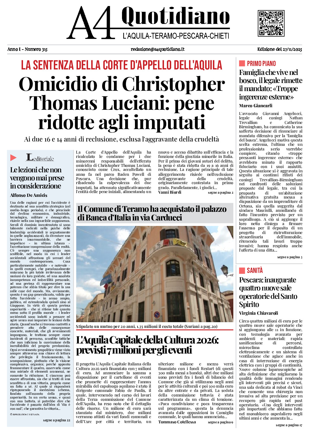 ANNO I - NUMERO 315 - Edizione del 27/11/2025